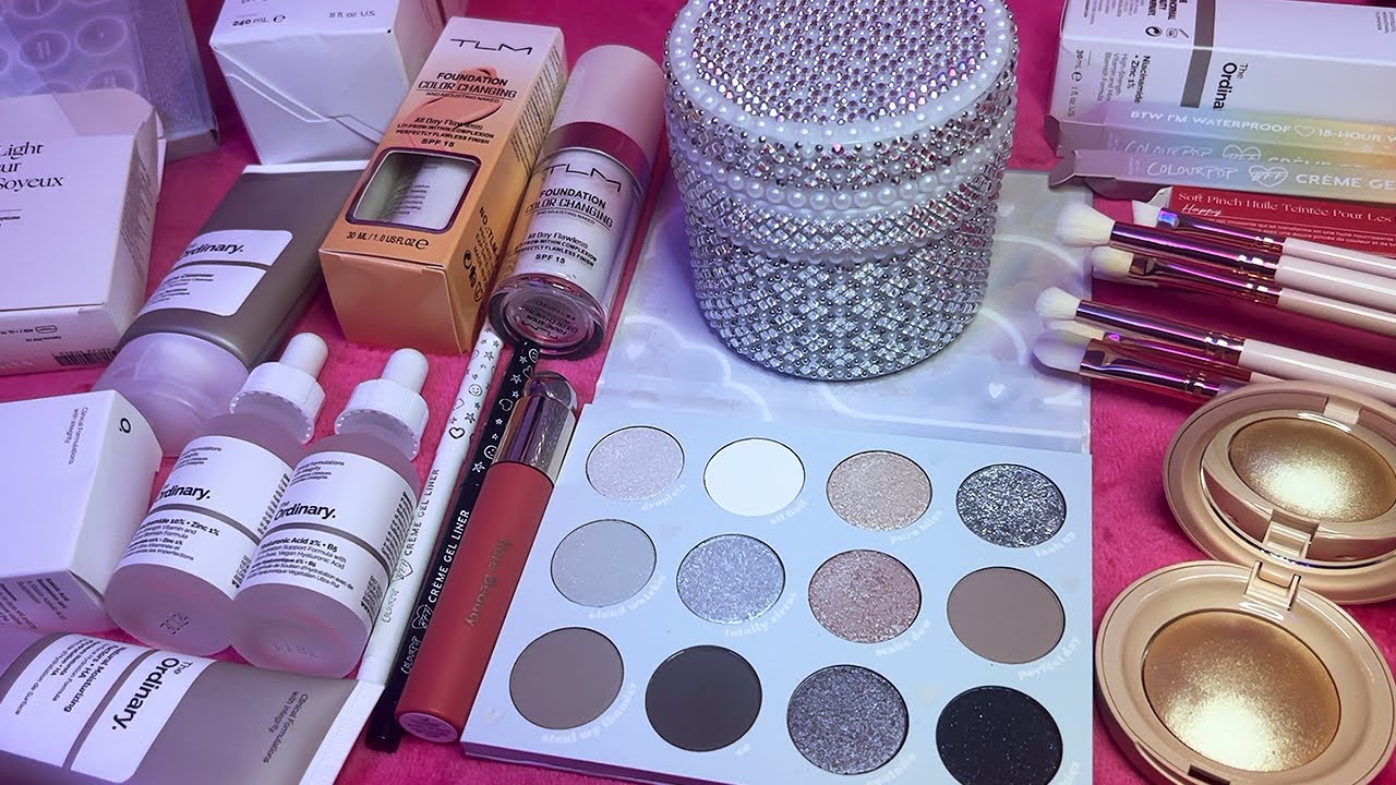 ASMR Makeup + Skincare Haul (Whispered, Swatching)