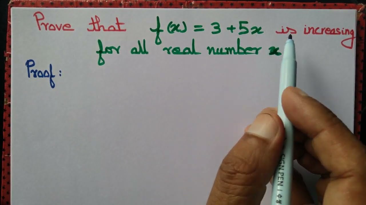Prove that f(x)=3+5x is monotonically increasing for every real number x