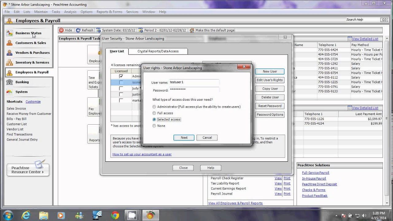 Peachtree Accounting 2012: Set up users, users permission, setup security (part 1)