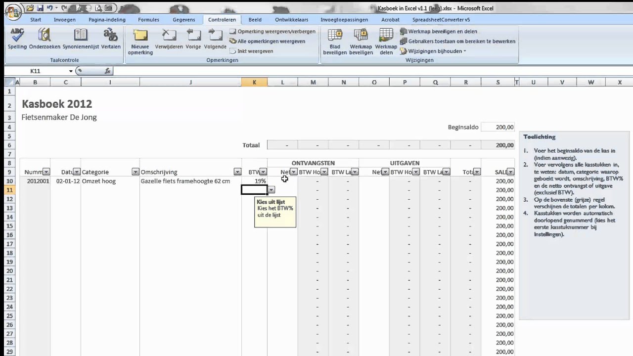 Kasboek in Excel