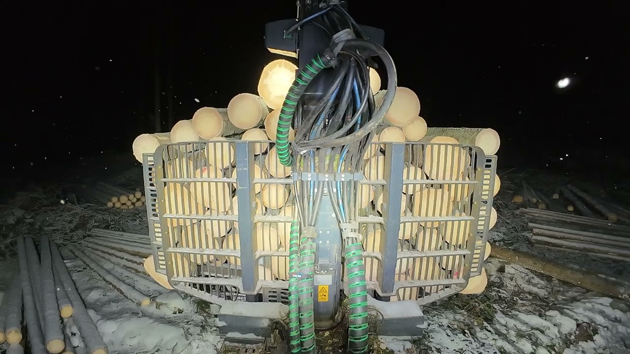 Mitenköhän menee puut pinolle aamun pimeydessä. John Deere 1510 G