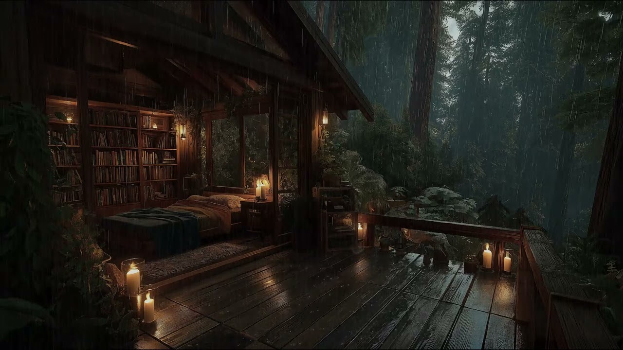 Rainy Night in a Cozy Rainforest Treehouse with Gentle Rain Sounds for Deep Sleep and Calm