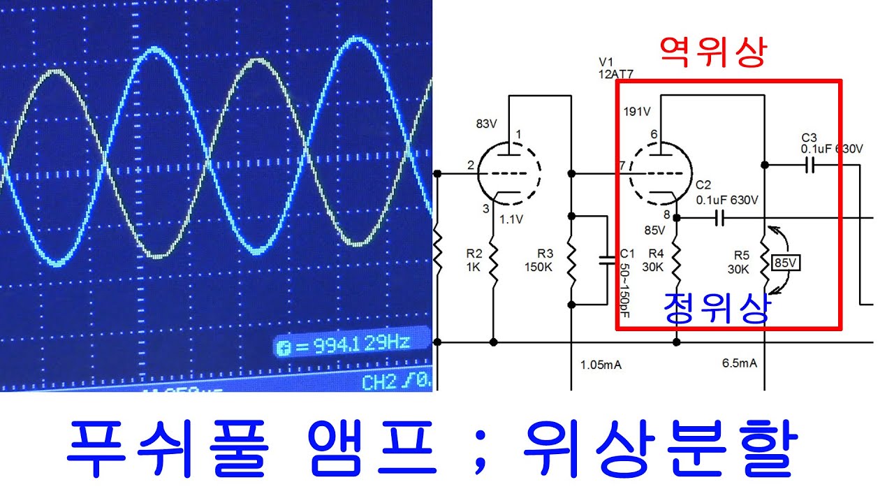 진공관앰프 만들기 실전 #6, 삼극 진공관의 최대 단점,  밀러효과. 위상분할 회로의 해석. 싱글앰프와 푸쉬풀앰프 출력의 차이
