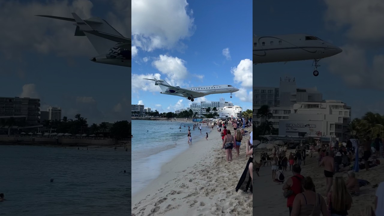 Extremely Low Landing Bombardier Maho Beach - St Maarten SXM - Plane Spotting