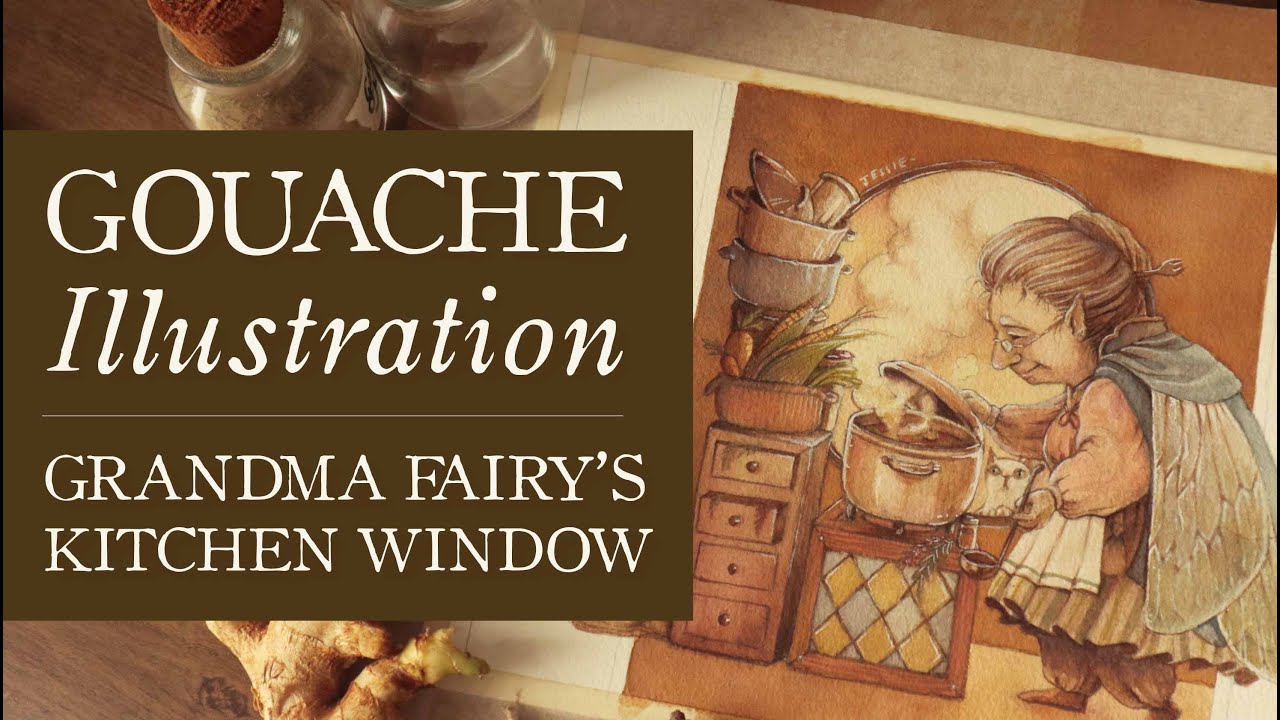 Gouache Illustration : Grandma Fairy's Kitchen Window :  - [fantasy character painting process]