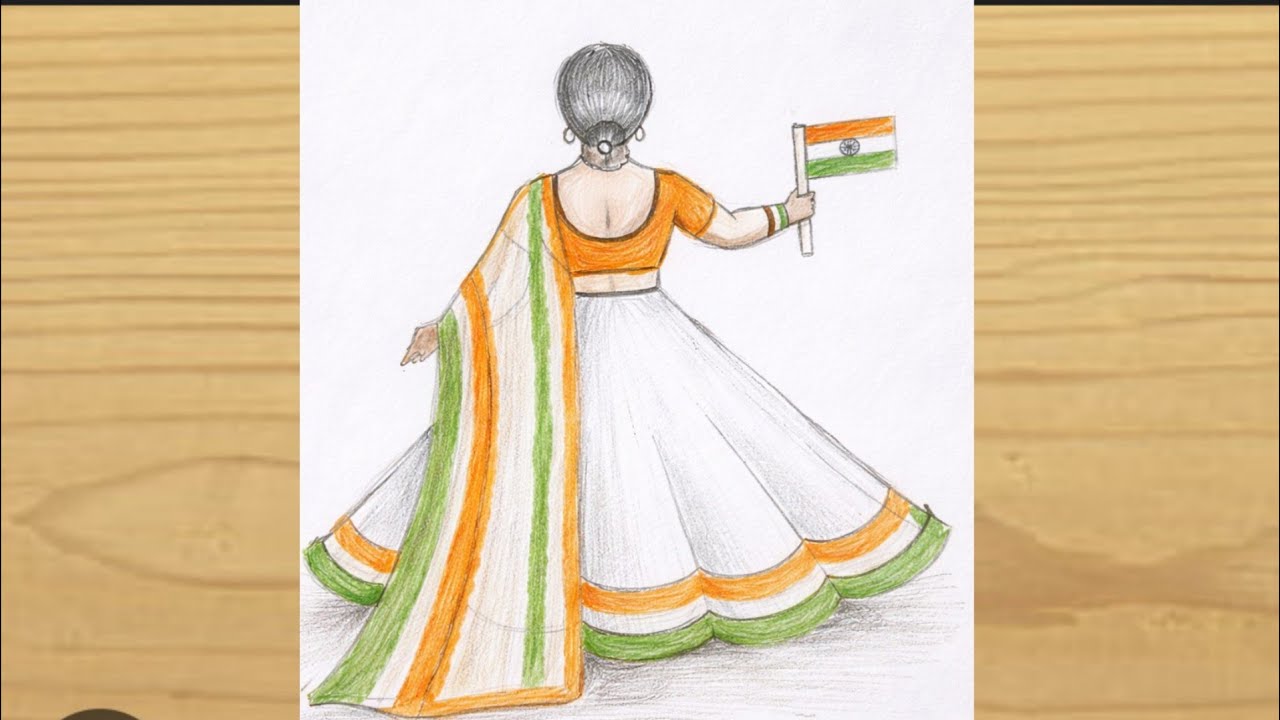 Happy Republic Day Drawing || Girl Holding Flag Drawing || Pancil Drawing Easy For Republic Day 