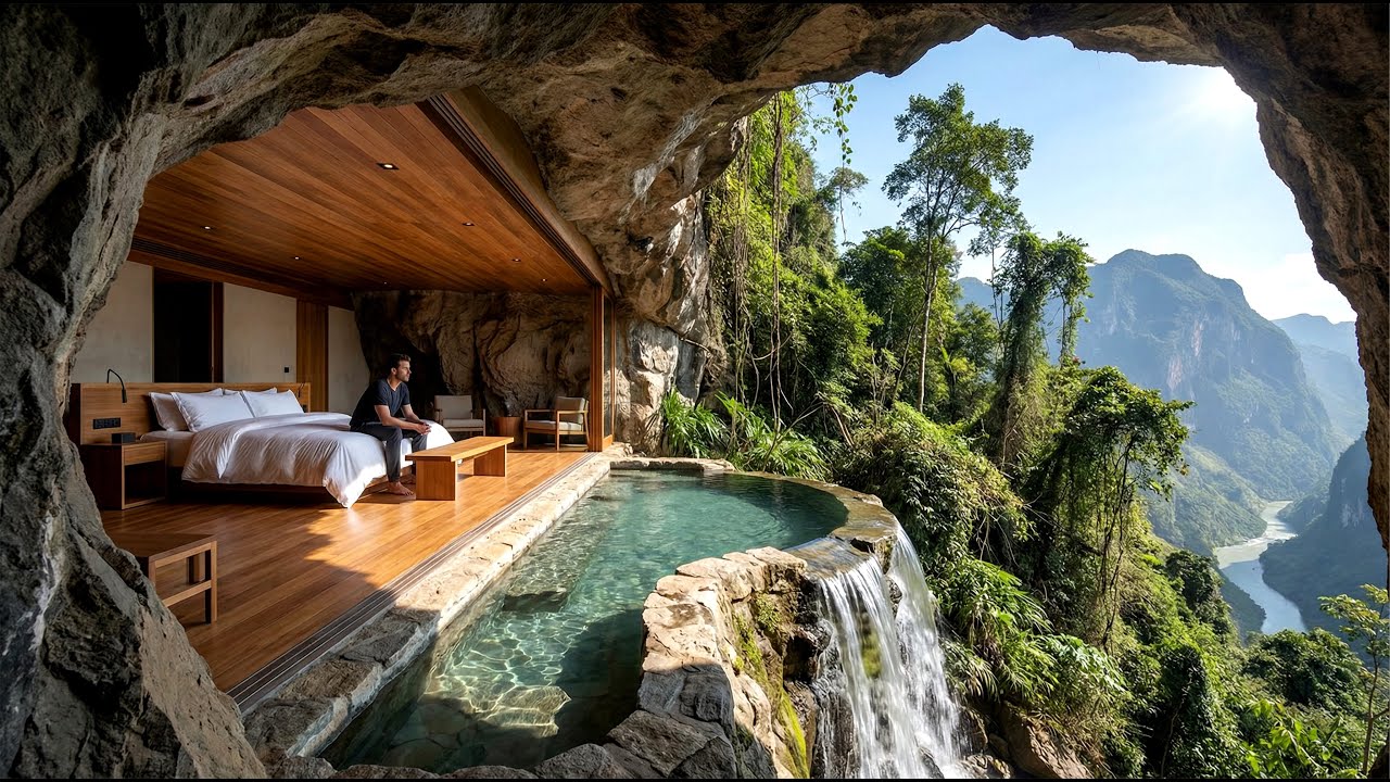 Inside a Secret Waterfall Cave House — One Man’s Silent Build (ASMR)