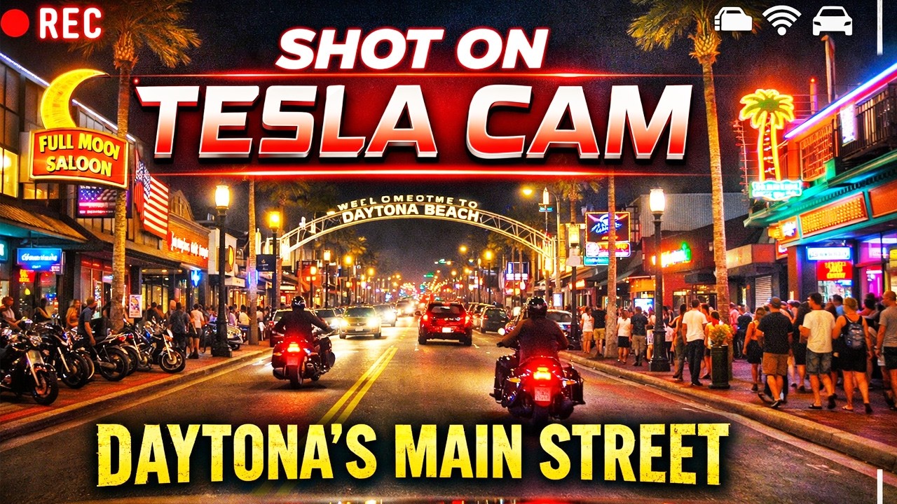 Tesla Cam Drive Through Daytona Beach Main Street at Day light | Real Footage