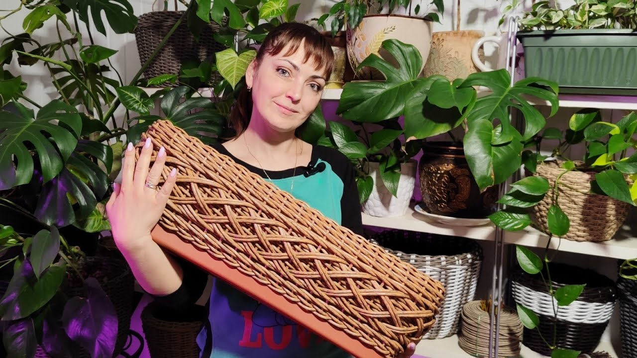 балконное прямоугольное кашпо с орнаментом из ротанга