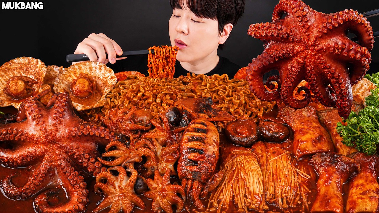 ASMR MUKBANG | Острые морепродукты 🐙🦑 грибы, осьминог, кальмар, гребешок рецепт ЗВУК ЕДЫ