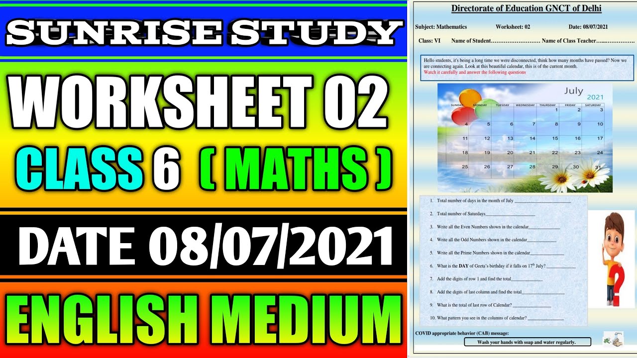 Worksheet no. 2  Date 08-07-2021 Class 6 th Sub :- MATHEMATICS (ENGLISH MEDIUM)CBSE NCERT