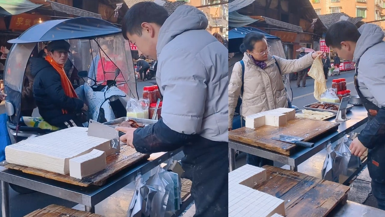 The stall sells tofu, which is freshly made and sold on February 17st.