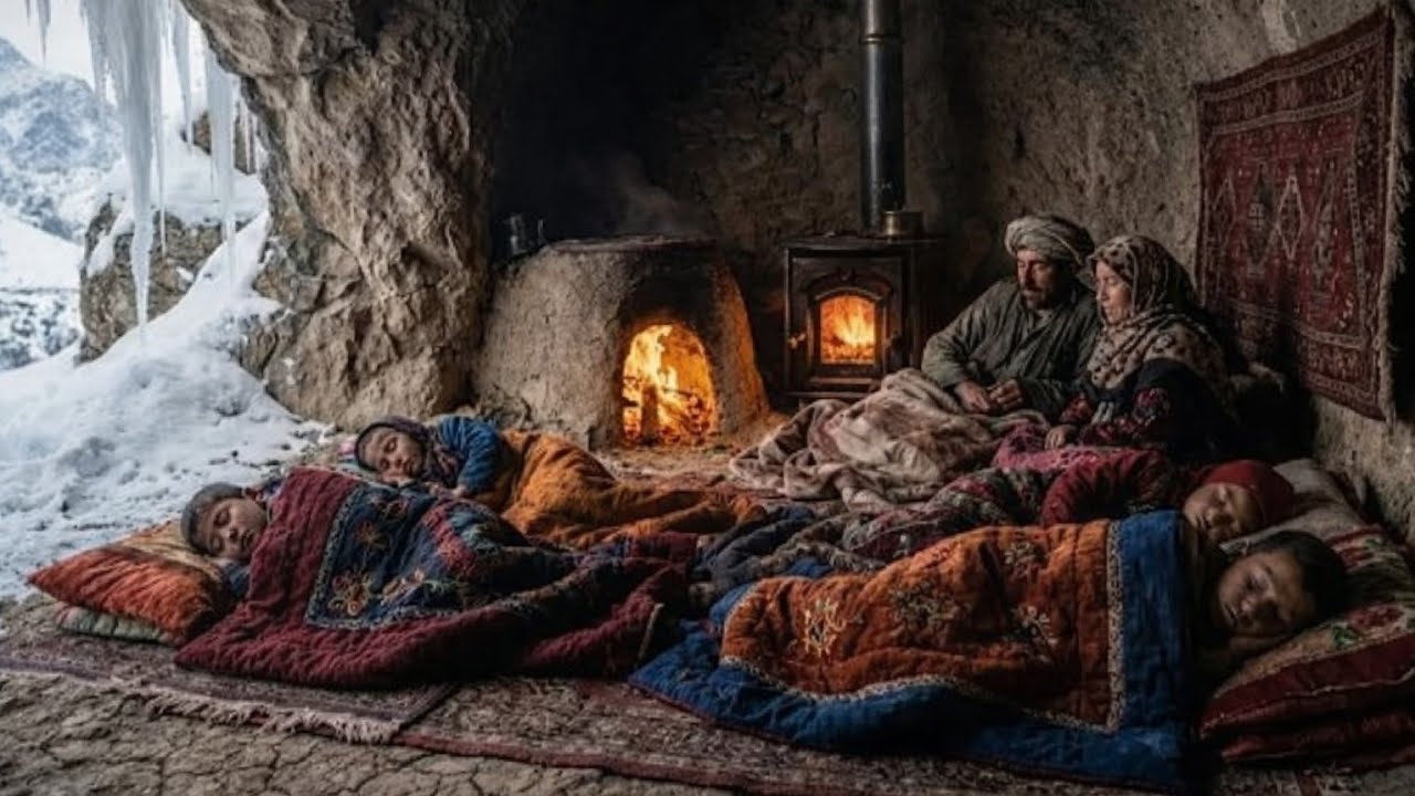 A mother happily cooks a wonderful breakfast in the snowy weather. 