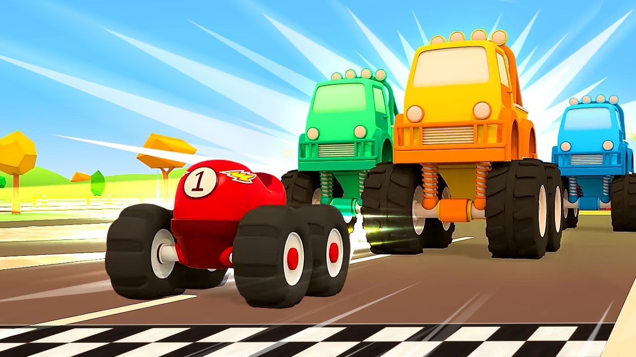 New wheels for the car. The little racing car & big monster trucks. Helper cars cartoons for kids.