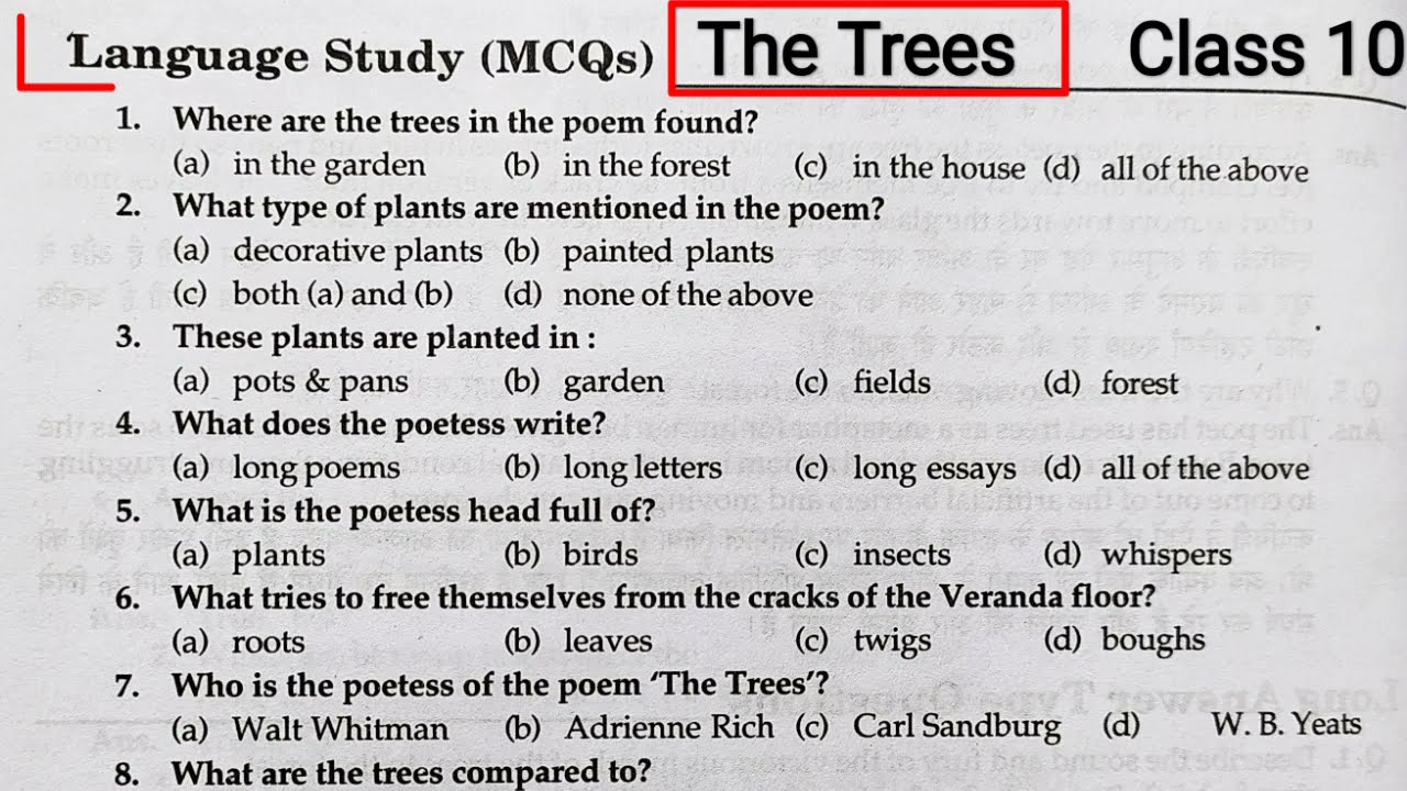 The Trees Mcq | The Trees Class 10 Mcq | The Tree Mcq Questions | The Tree Mcq | Class 10 The Trees