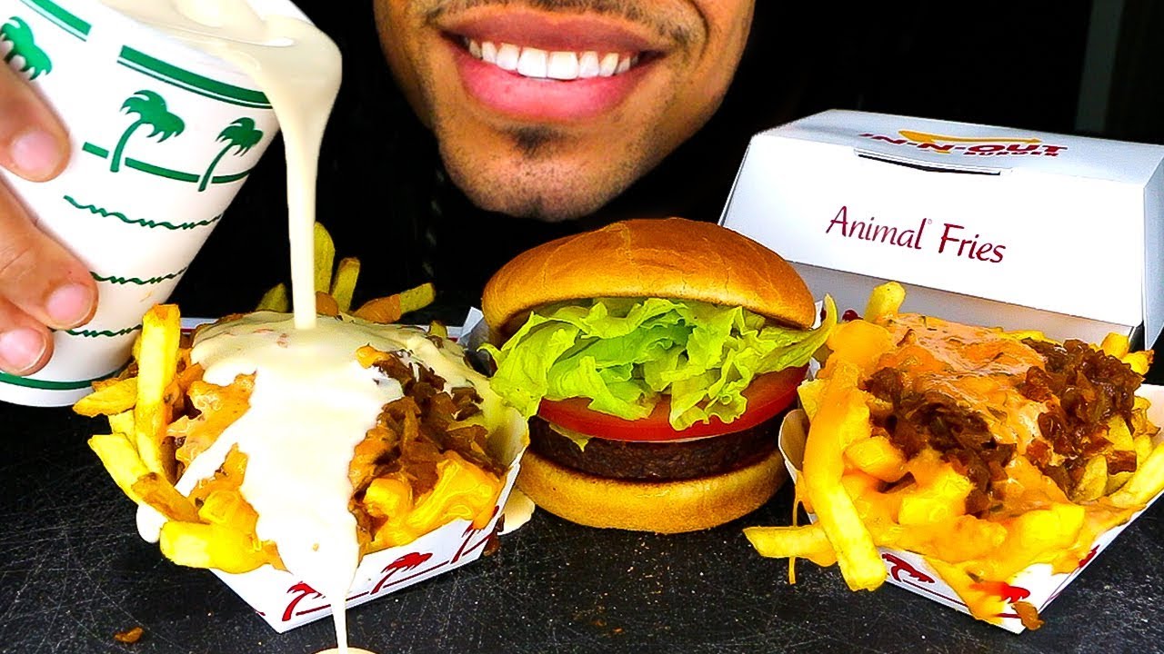 ASMR IN-N-OUT BURGER SECRET MENU ANIMAL STYLE FRIES X2 VANILLA MILKSHAKE MUKBANG *MESSY* EATING