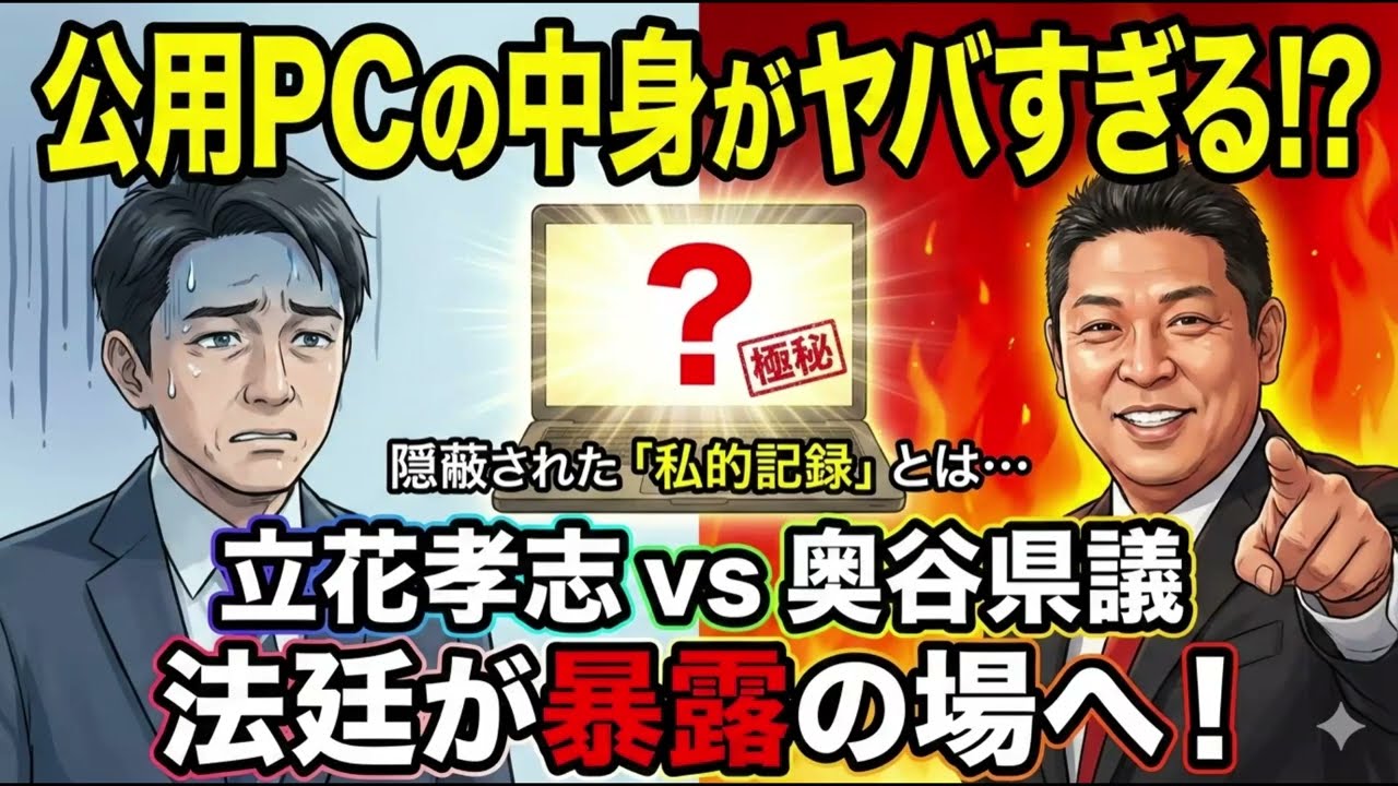 この動画は、兵庫県の奥谷謙一県議が立花孝志氏を名誉毀損で提訴した騒動と、その背後にある公用PCの中身を巡る対立を解説しています。亡くなった元県民局長のPCには不適切な私的記録やクーデター計画が含まれて