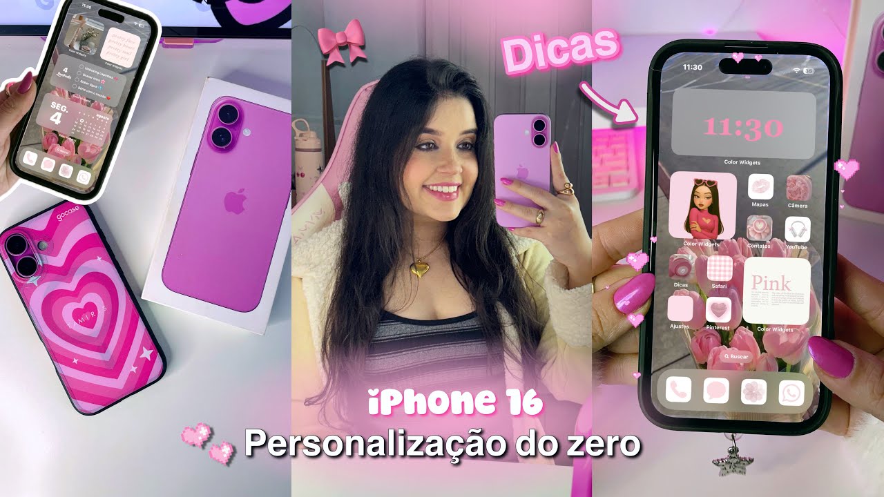 PRIMEIRA PERSONALIZAÇÃO DO iPHONE 16 PINK: Organizei do zero 🎀