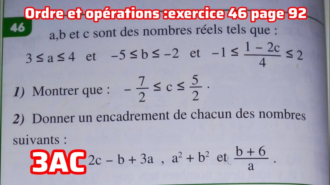 Almoufid en mathématiques 3AC : exercice 46 page 92 ordre et opérations 