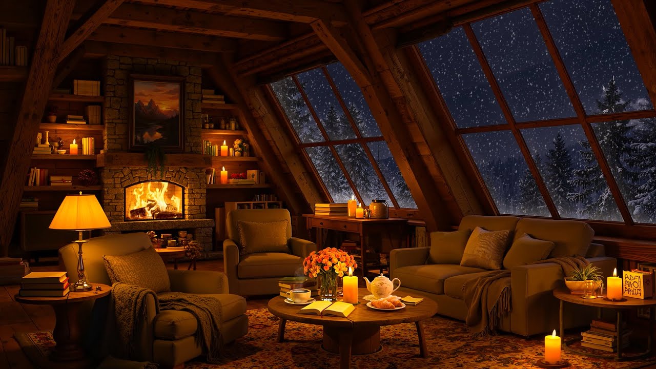 Cozy Winter Hut Ambience ❄️ Soft Jazz, Gentle Snowfall & Fireplace Sounds for Sleep, Focus, Relax
