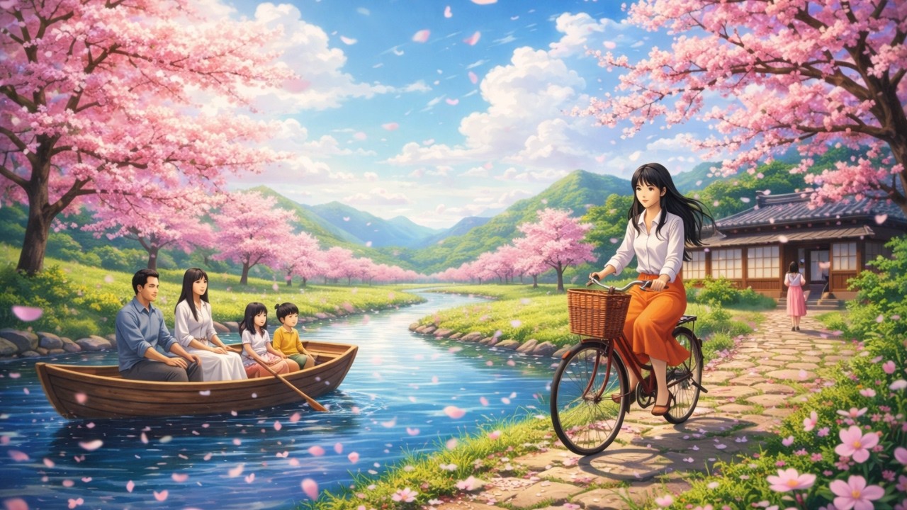 Petals on the River Path  Ghibli-Style Spring Bloom
