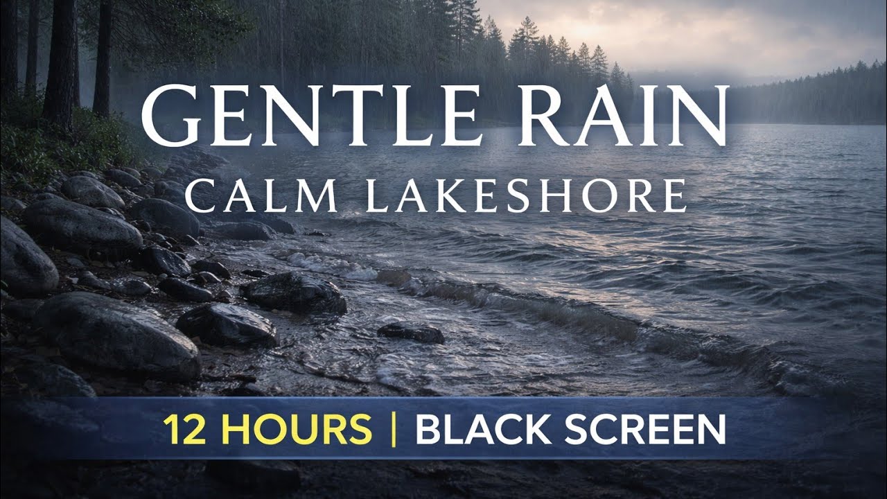 Gentle Rain by a Calm Lakeshore (12 Hours Black Screen)