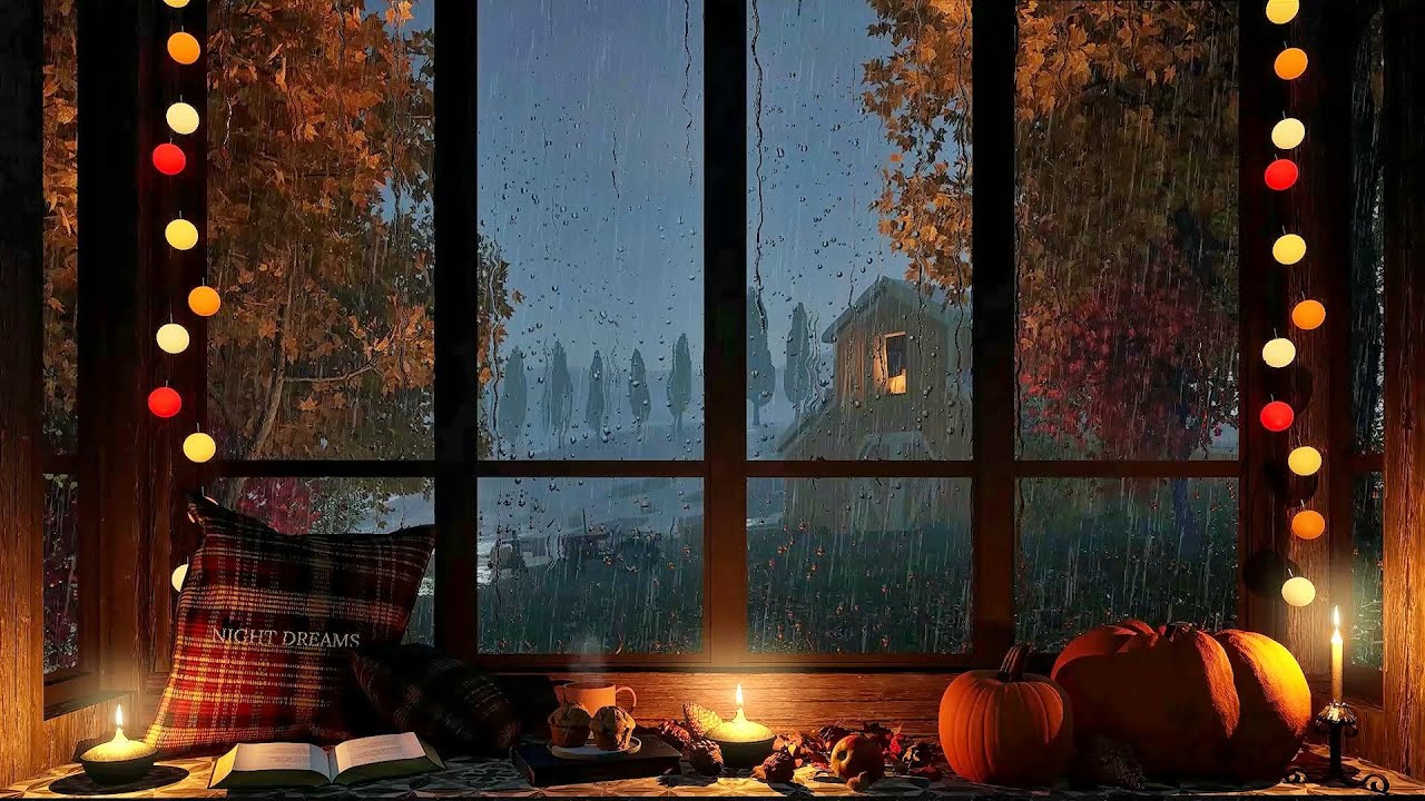 Cozy Window Reading Nook on a Rainy Autumn Night - Relaxing rain on windows sound for sleeping