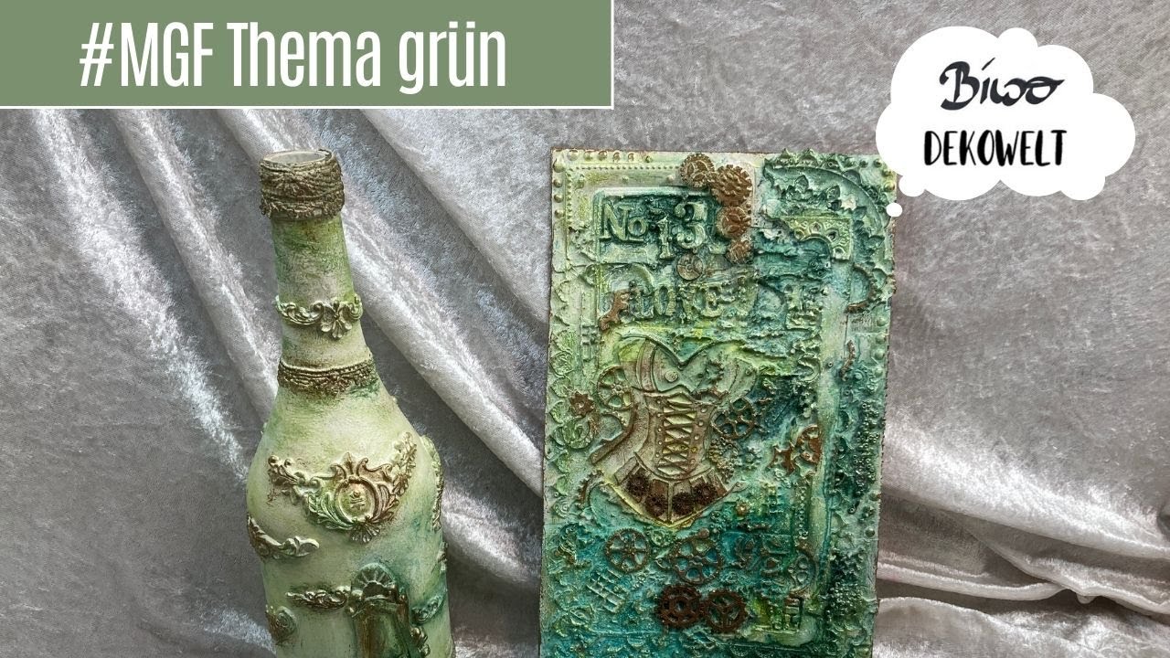 Mixed Media Dekopappe und Flasche mit Teilen aus Epoxidharz #MFG #Grün