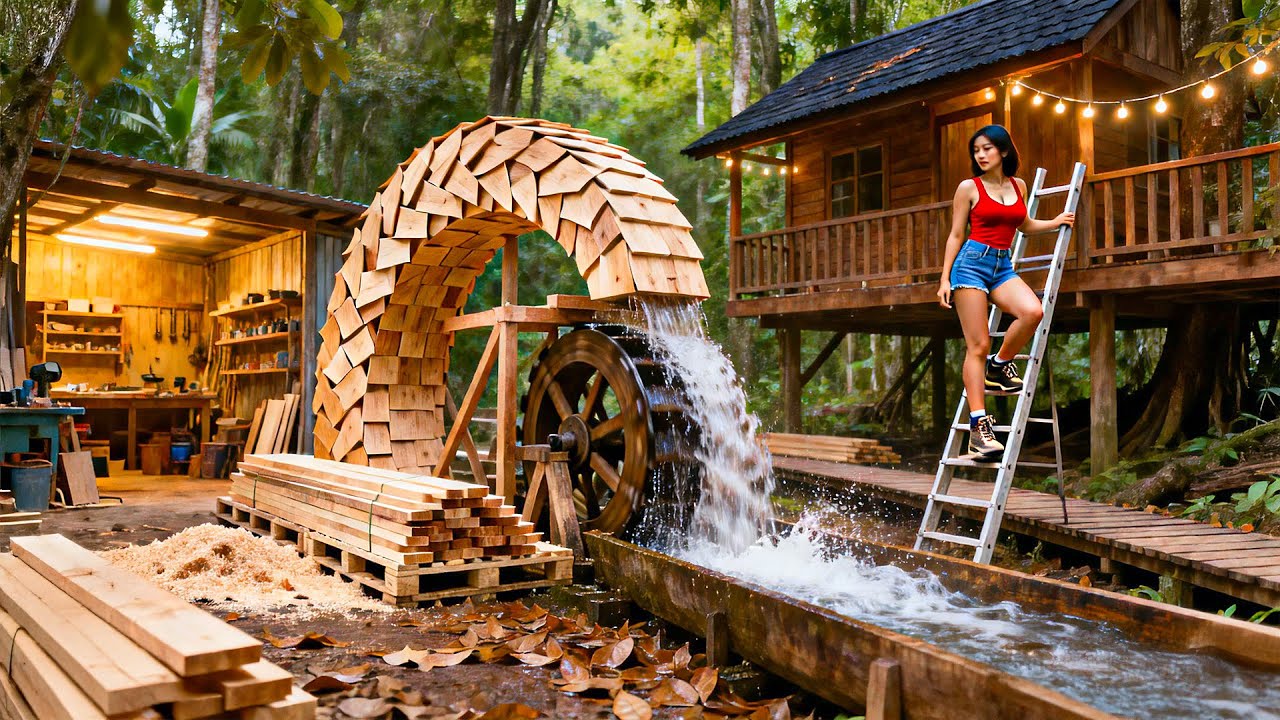 TIMELAPSE - Water Construction Electric Water - Powered Wooden Wheel | Vy DIY Build