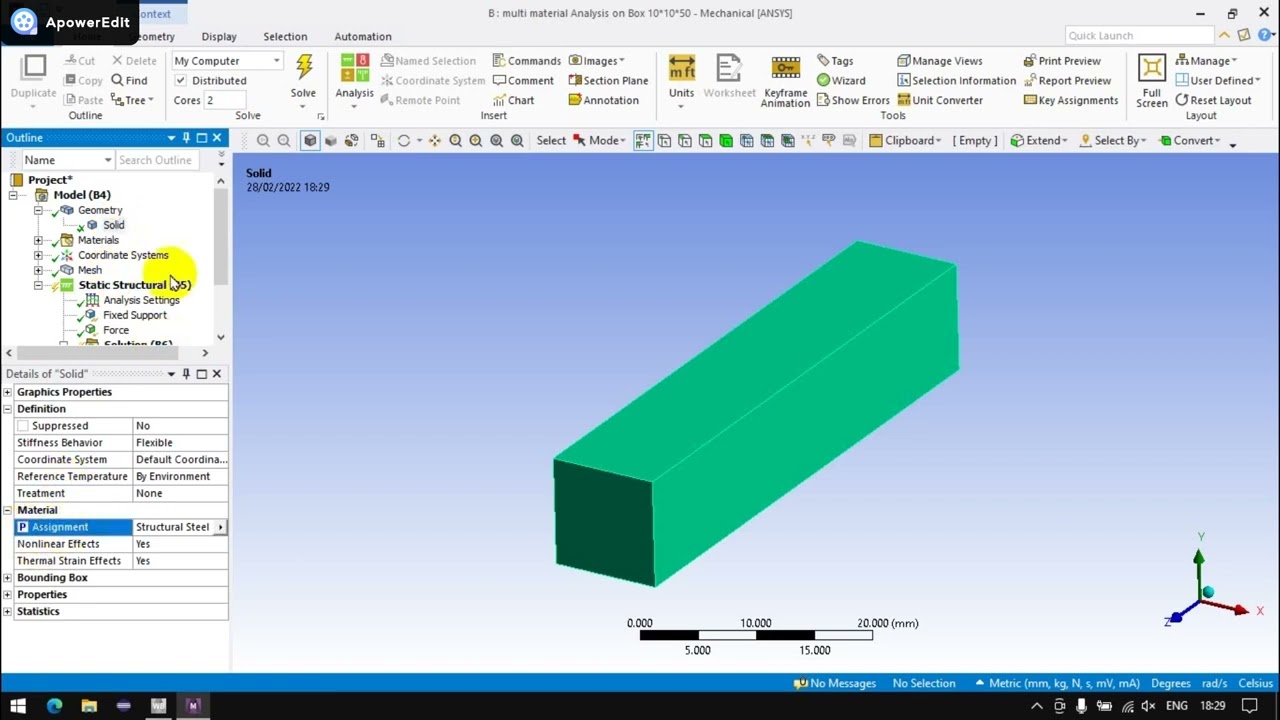 Simple, Material, Mesh and Parametric analysis on Box in Static Structural analysis