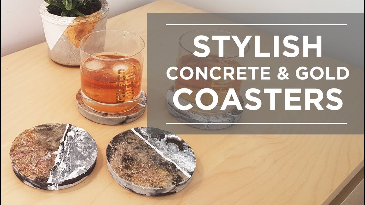 Concrete and Gold Glitter DIY Coasters with Fluid Acrylic Marbling