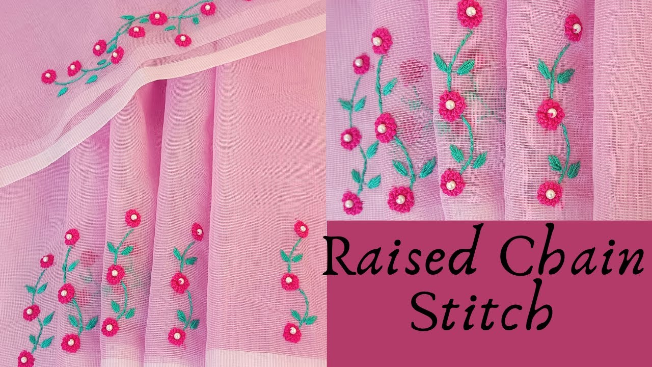 Hand Embroidery Silky Kotta  Daily Wear Saree | Raised Chain Stitch Flower Pattern For Beginners
