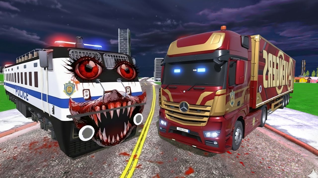 Police Train vs Avengers Truck in Indian Bikes Driving 3d