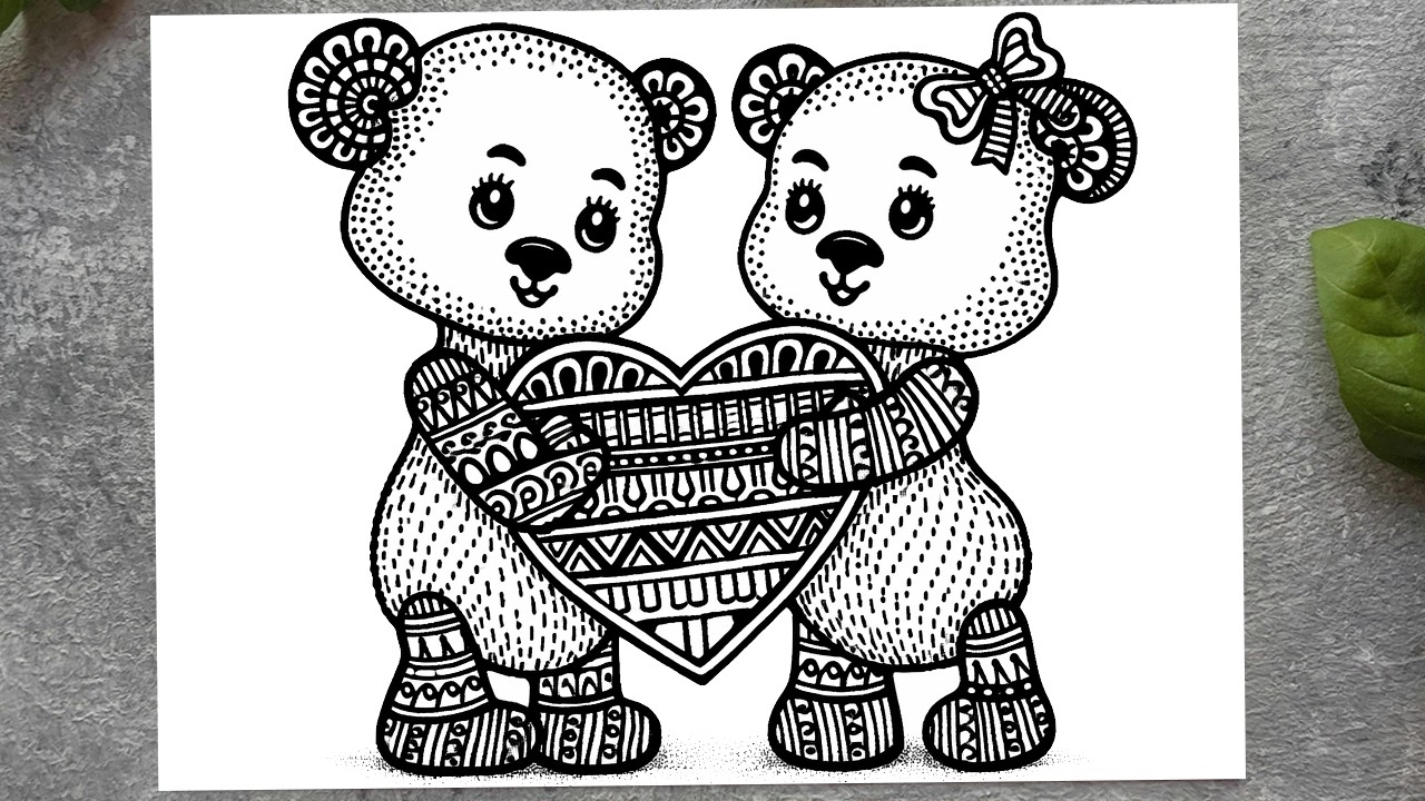 Cute Teddy Bear Couple Drawing ❤️ | Easy Mandala Art Sketch for Beginners | Love Heart Bear Art