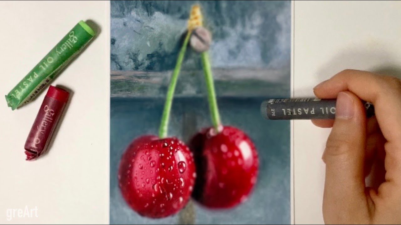 Oil pastel Drawing/How to draw a fresh cherry 오일파스텔로 체리 그리기