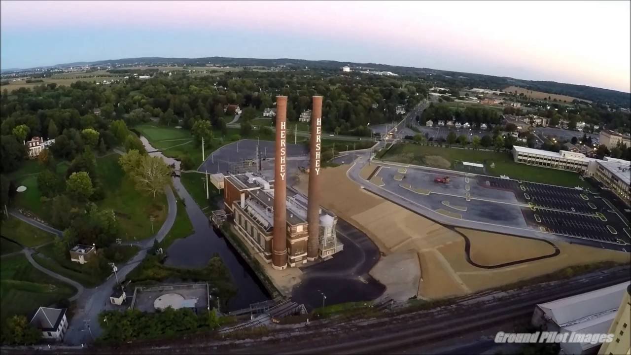 Aerial trip around Hershey, Pennsylvania. Chocolate Town U.S.A.