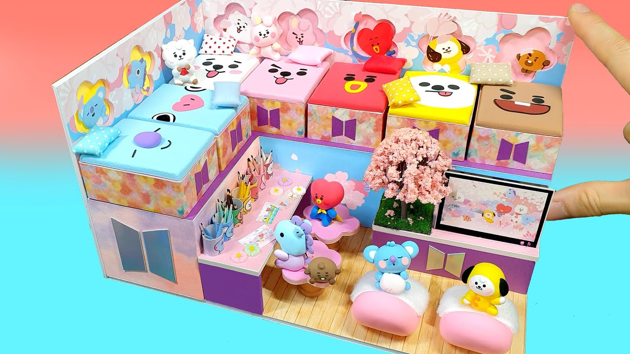 DIY Miniature BTS × BT21 Cardboard House - Spring Cherry Blossoms Decor｜Chimmy , TATA , Mang , Koya~