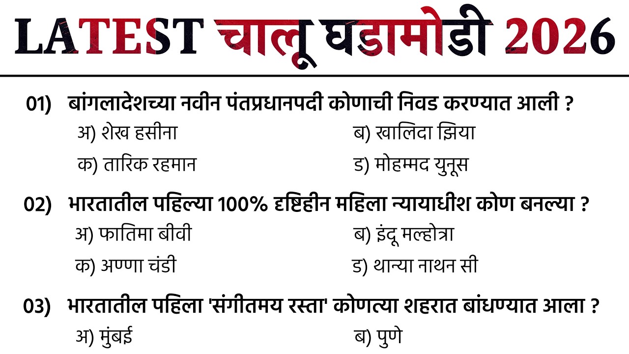 Current Affairs Marathi 2026 | चालू घडामोडी डिसेंबर ते फेब्रुवारी महिन्याच्या Latest Current Affairs
