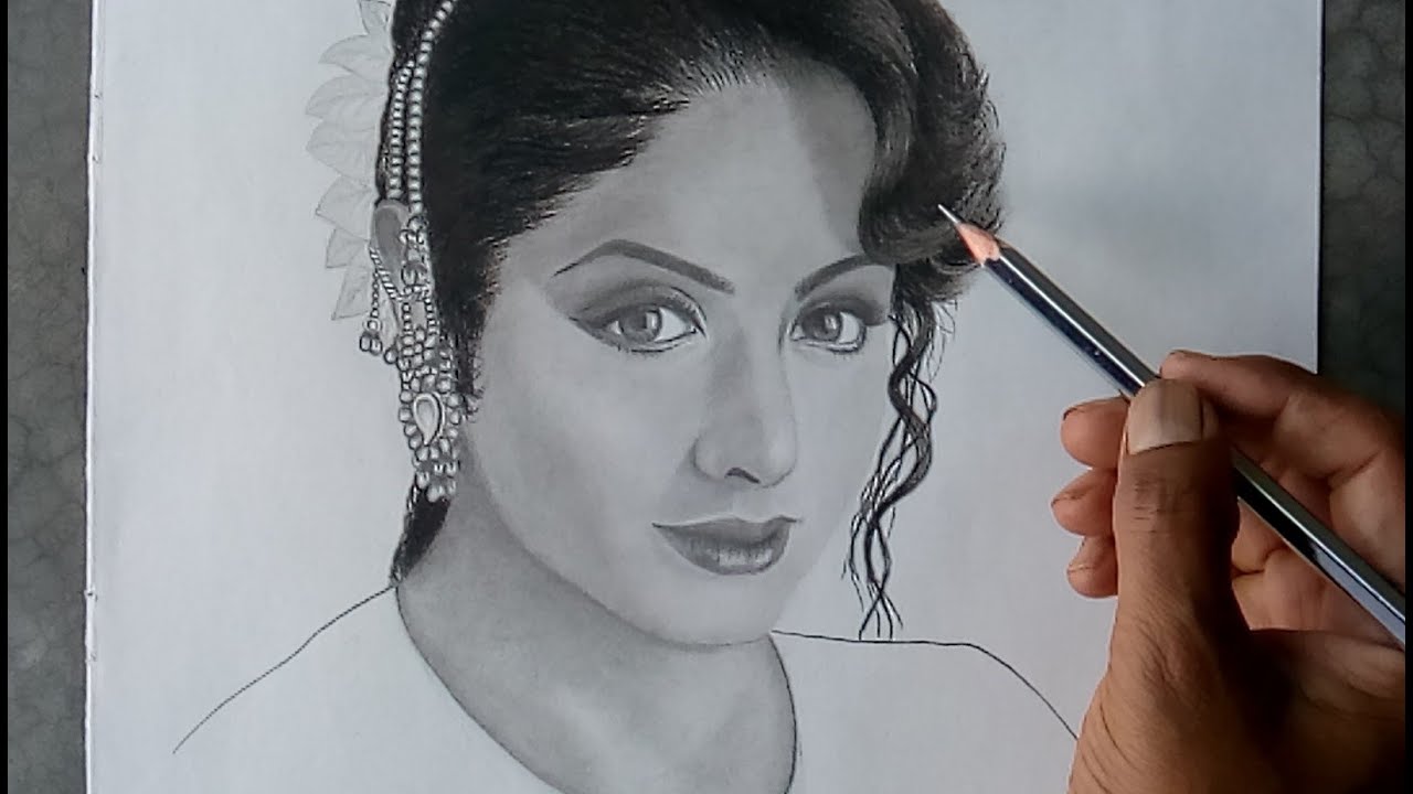 A portrait of Sridevi sketch, film actress Sridevi drawing by pencil,