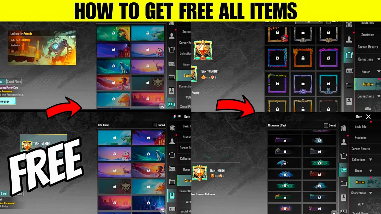 How to get free all items in bgmi | avatar frame | info card | social player card | nickname effect