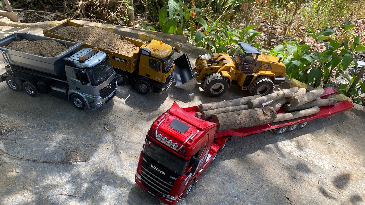 Aksi #114 Dump Truk RC Huina 1536, Truk Merci Muatan Tanah Merah Bangunan Excavator Besar Huina 1593