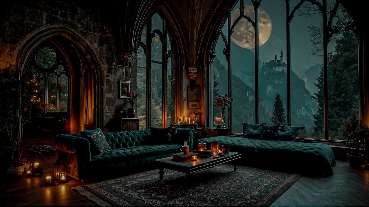 Elegant Gothic Lounge by Candlelight | Full Moon Over the Castle | Somber Classical & Dark Academia