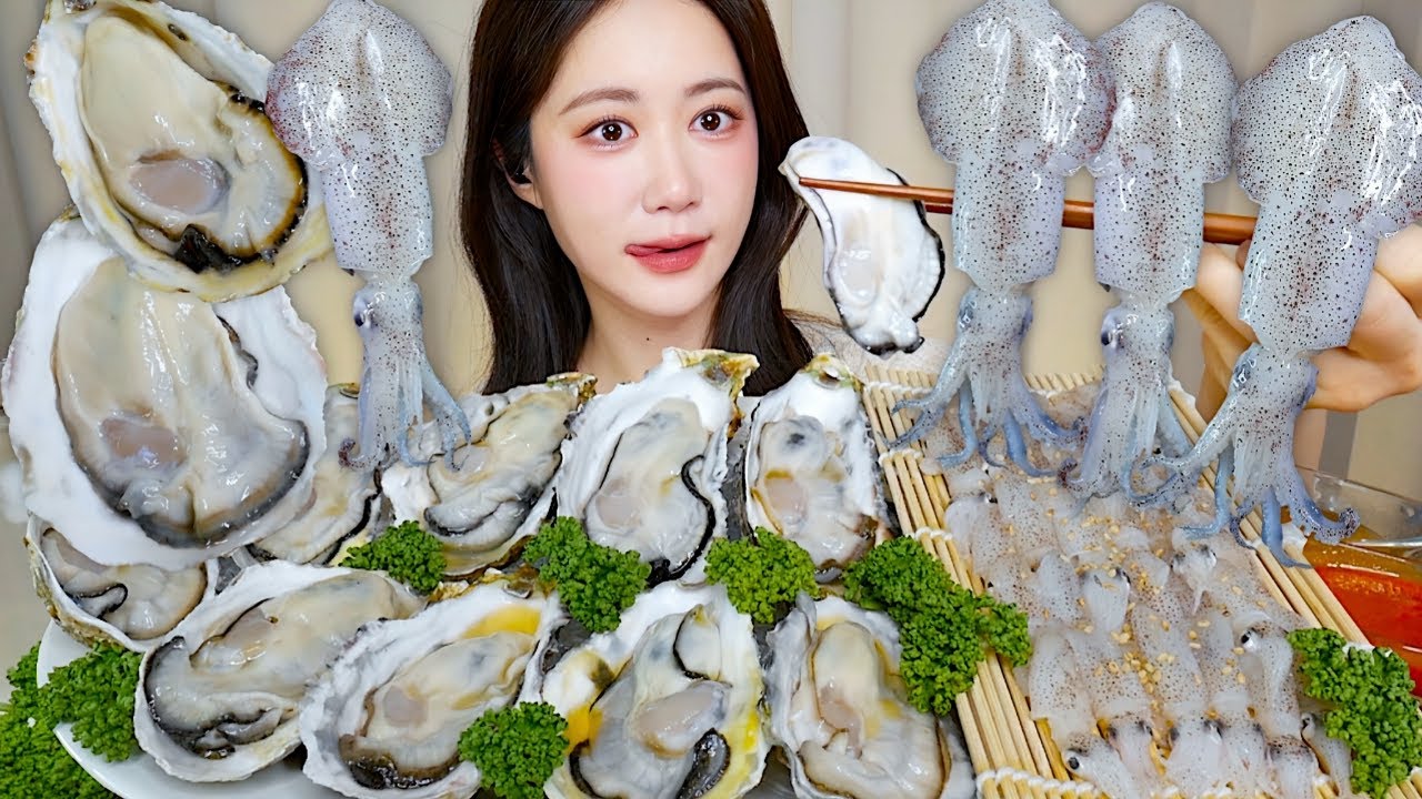 뽀용뽀용 호래기와 석화🤍겨울철 해산물🤍석화 호래기 먹방 raw baby squid + raw oyster 生ヒイカ + 生牡蠣 | Mukbang ASMR