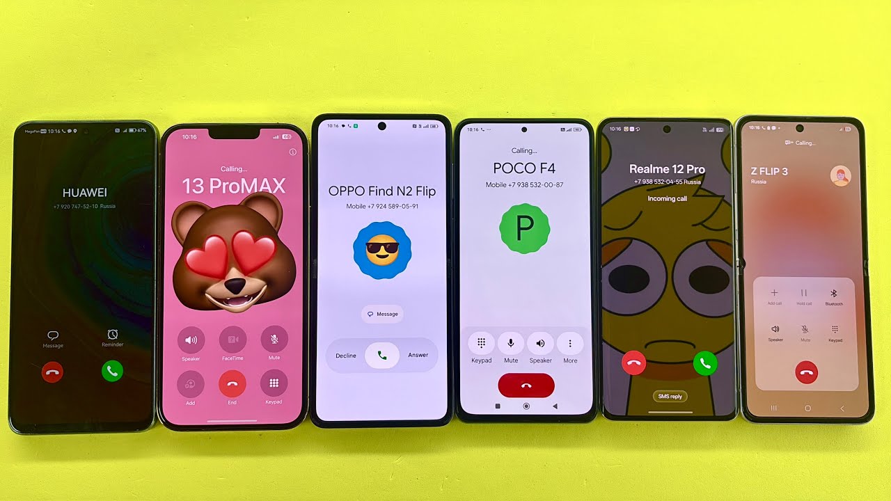 Huawei Y90 + Oppo Find Flip + iPhone 13 PM + Poco F4 + Realme 12 Pro +Z Flip3 Incoming Outgoing Call
