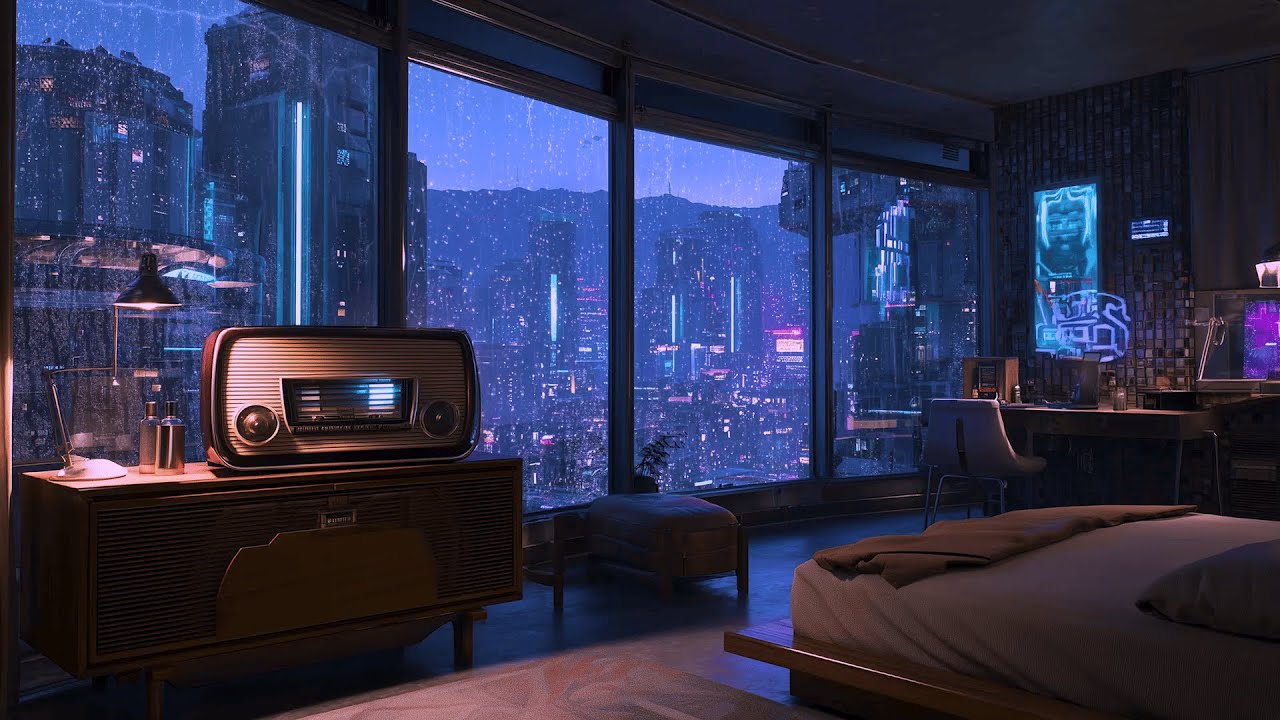 Old Radio in a Rainy Futuristic Room 🌧️ City Lights Outside for Deep Focus and Quiet Nights