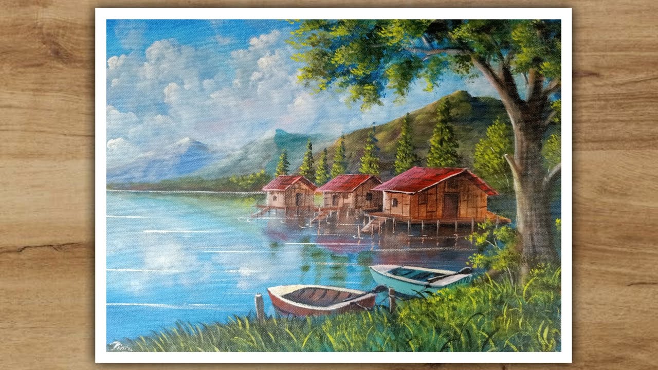Landscape painting with Acrylic | house on river
