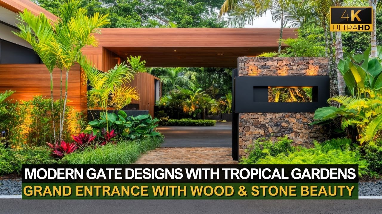 Modern Elegant Gate Designs with Tropical Gardens: Grand Entrance with Timeless Wood & Stone Beauty