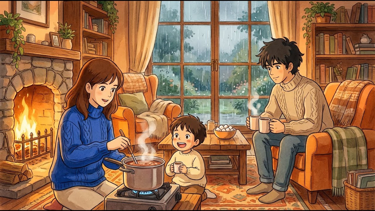 The Rainy Night by the Fireplace | Making Hot Chocolate for Two | Cozy Ghibli Style Animation