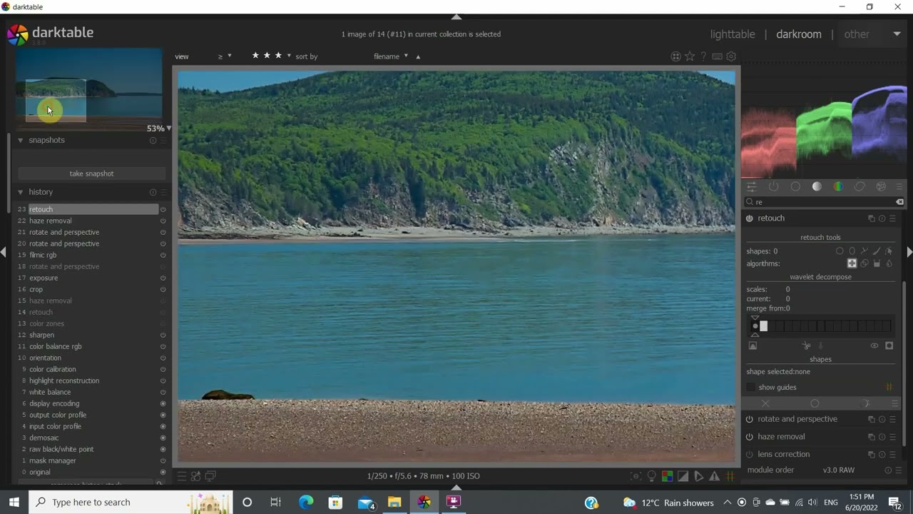 Darktable 10 (haze removal and retouch modules)