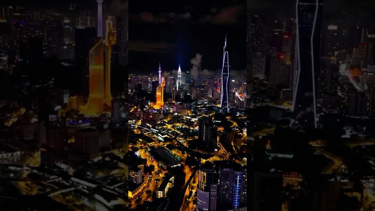 Aerial view of Kuala Lumpur at night. #travel #tour #fyp #shorts #skyline #malaysia #drone